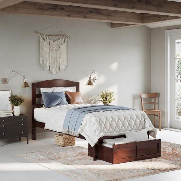 Warren 38-1/4 in. W Walnut Twin Solid Wood Frame with Foot Drawer and USB Device Charger Platform Bed