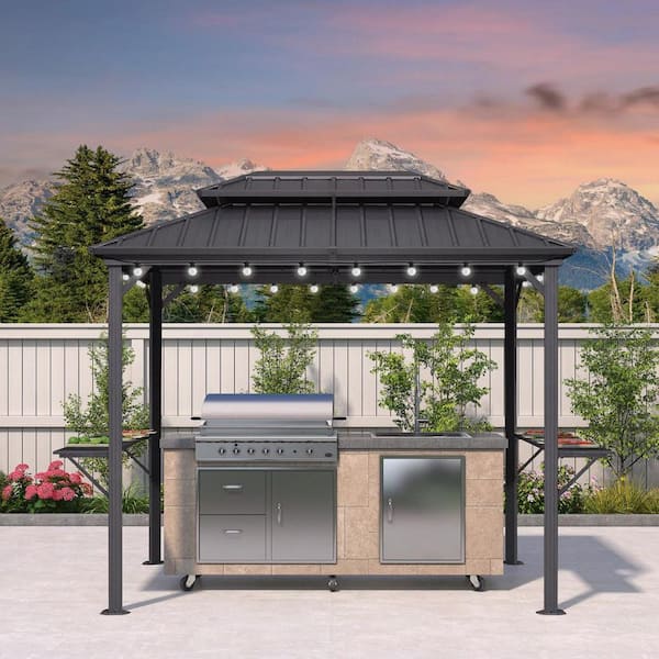 6 ft. x 9 ft. Hardtop Grill Gazebo for Patio Aluminum Barbecue Shelter Gazebo, Hooks, Shelves Double Tiered 24-Lights