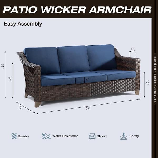 Wicker Outdoor Patio Sectional Sofa with Thick Deep Blue Cushions