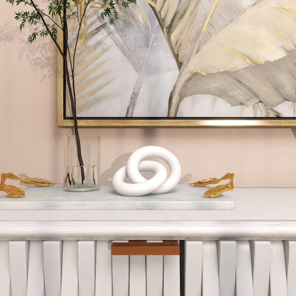 Litton Lane 5 in. x 2 in. White Marble Geometric 2 Link Chain Sculpture