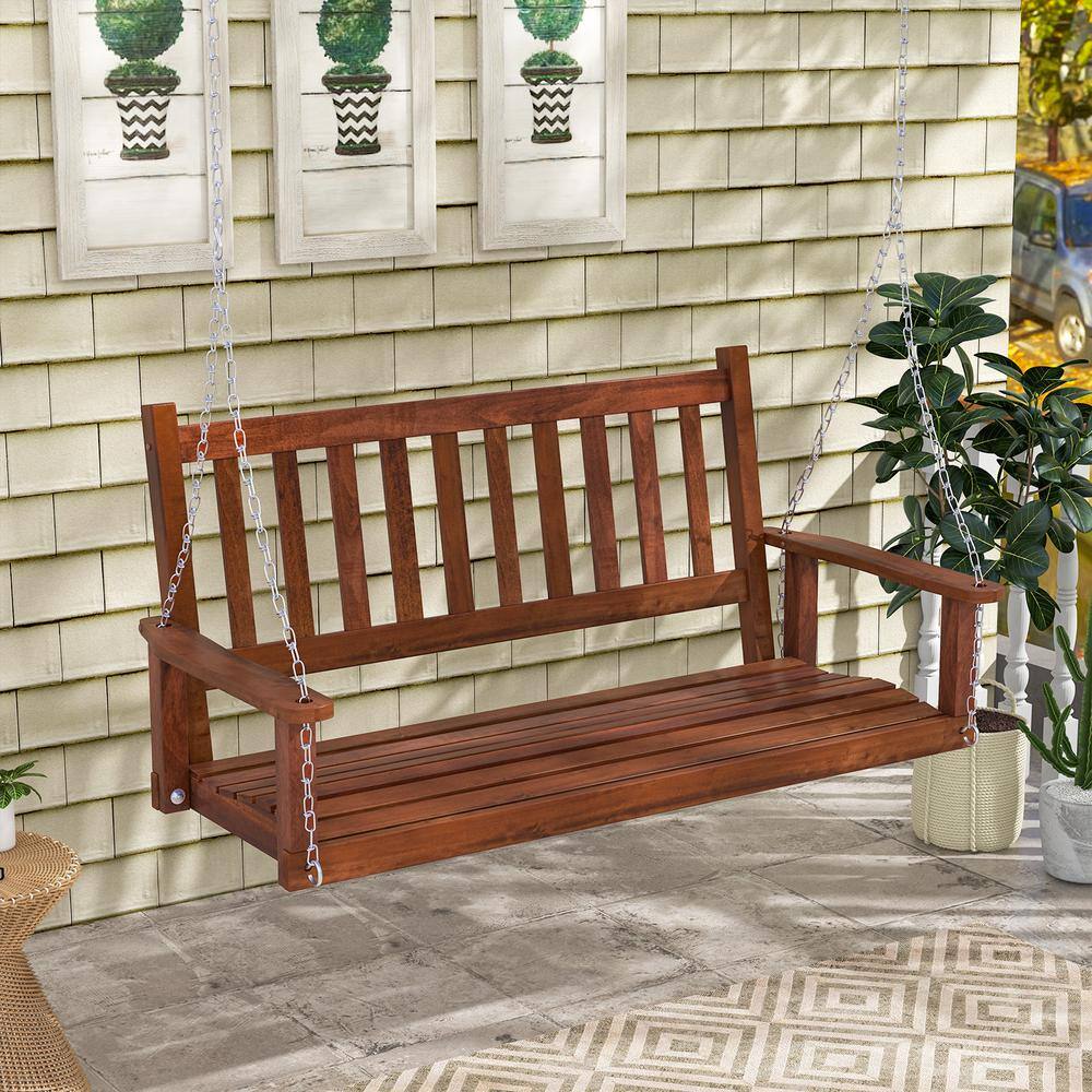 Brown Solid Wood 2-Person Outdoor Porch Swing with Metal Chains