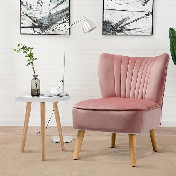 16 in. L End Table and Pink Accent Chairs Set Armless Velvet Sofa and Round Wood Coffee Table with (2-Pieces)