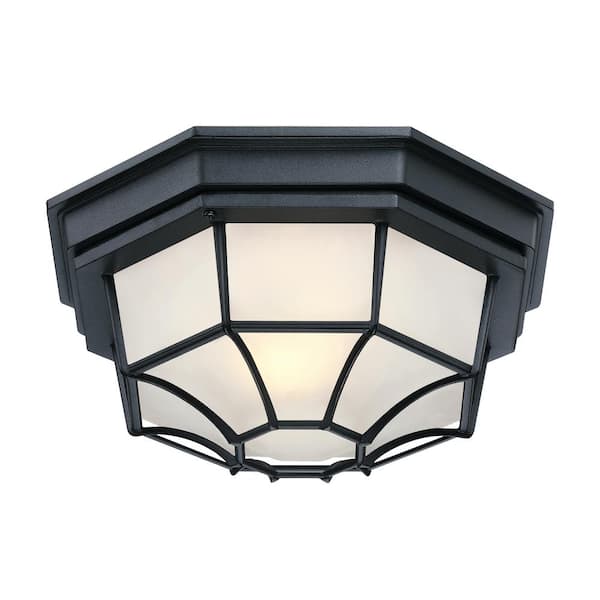 11.42 in 1-Light Retro Textured Black Outdoor Flush Mount Light Fixture with Frosted Glass