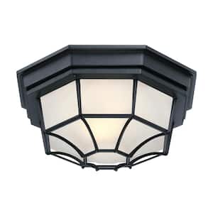 11.42 in. 1-Light Retro Textured Black Vintage Ceiling Flush Mount Light with Frosted Glass for Hallway, E26