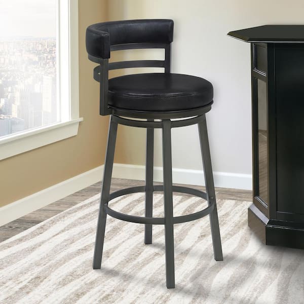 Armen Living Madrid 30 in. Ford Black Faux Leather and Mineral Finish Swivel Bar Stool