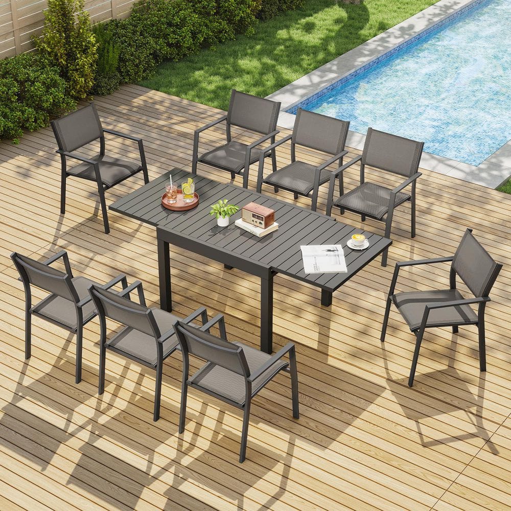 CikaCika Black 9-Piece Aluminum Outdoor Dining Set with Dark Grey