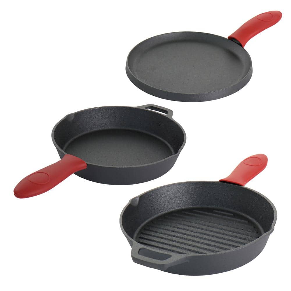 MegaChef PreSeasoned 6Piece Red Cast Iron Cookware Set with Silicone
