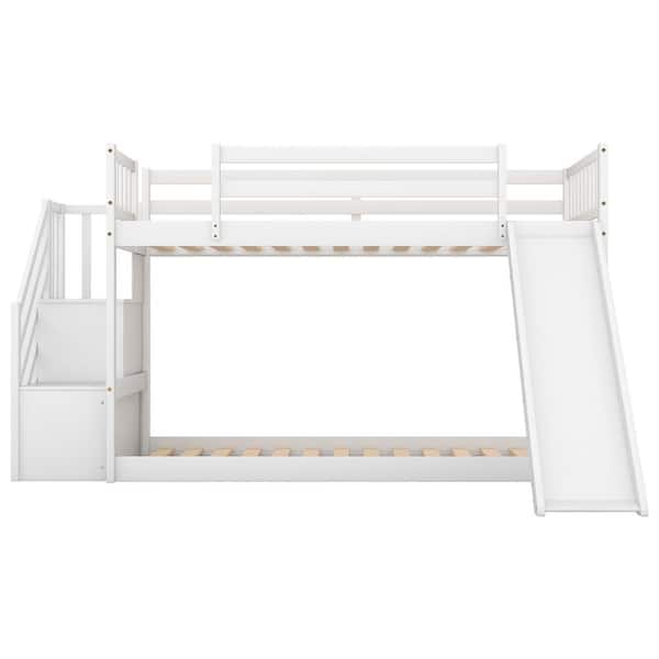 STICKON White Over Twin Size Bunk Bed with Convertible Slide and Stairway