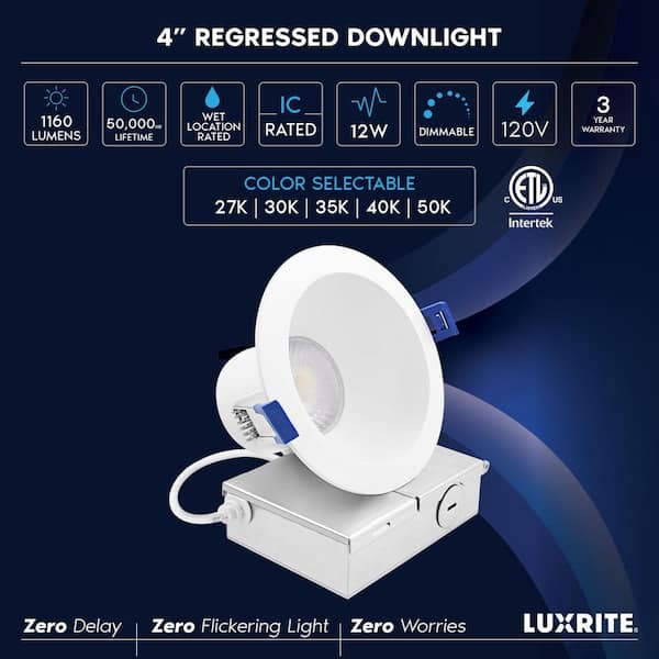 4 in.Integrated LED Recessed Light J-Box 12W 5CCT 1160LM Dimmable Canless Downlight Wet Rated IC Rated ETL Listed 12Pack