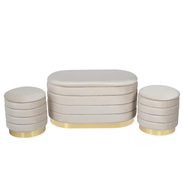 Best Quality Furniture Gracie Cream/Beige Velvet Channel Designed with 2-Small Storage Ottoman