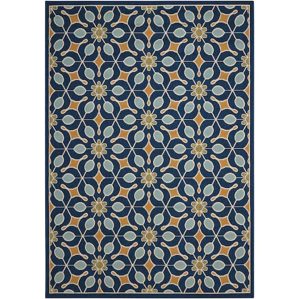 Nourison Caribbean Navy 5 ft. x 7 ft. Floral Contemporary Indoor/Outdoor Patio Area Rug