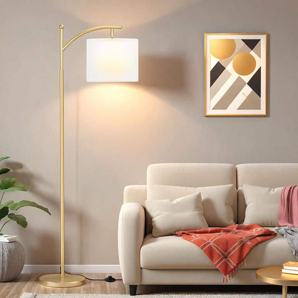 60 in. Gold 1-Light Lantern Floor Lamp with Linen Shade and 9W LED