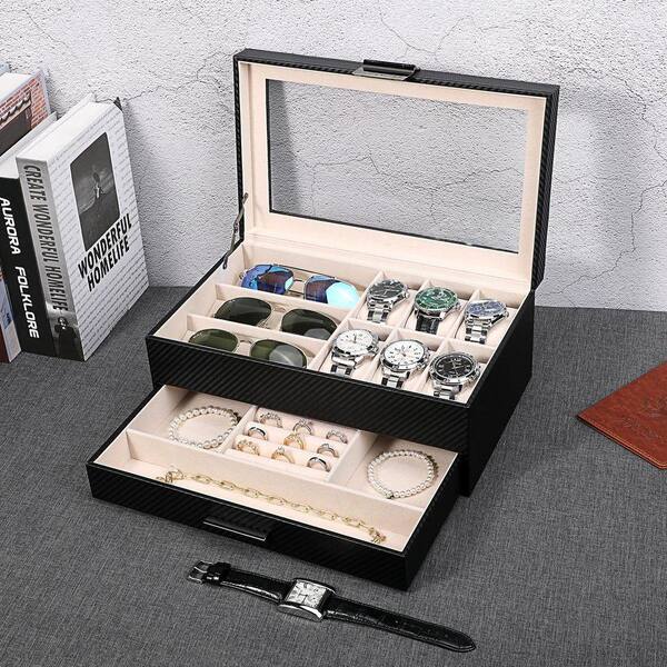 2-Layer Watch and Jewelry Organizer Box for Men and Women, Black