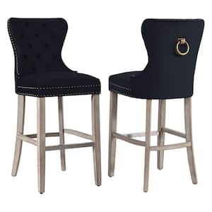 Harper 29 in. Black Velvet Tufted Wingback Kitchen Counter Bar Stool with Solid Wood Frame in Antique Gray (Set of 2)