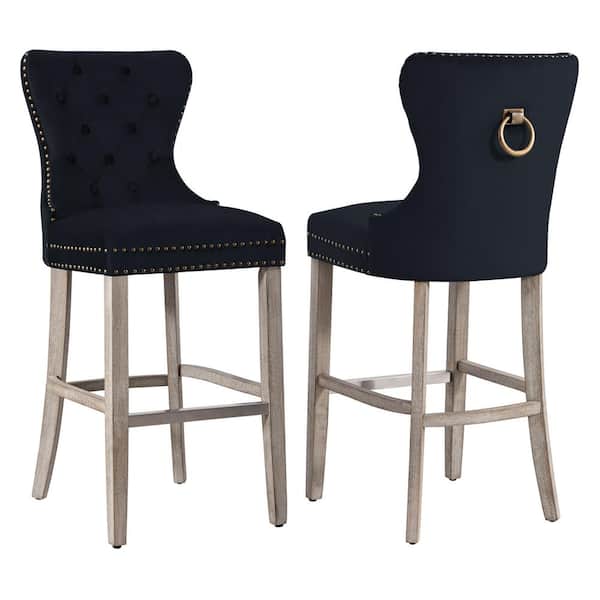 WESTINFURNITURE Harper 29 in. Black Velvet Tufted Wingback Kitchen Counter Bar Stool with Solid Wood Frame in Antique Gray (Set of 2)