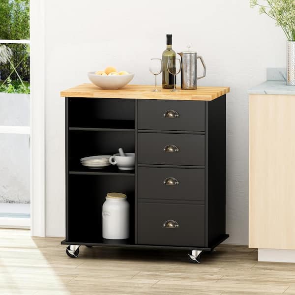 Noble House Provence Black Kitchen Cart with Storage 83222 The