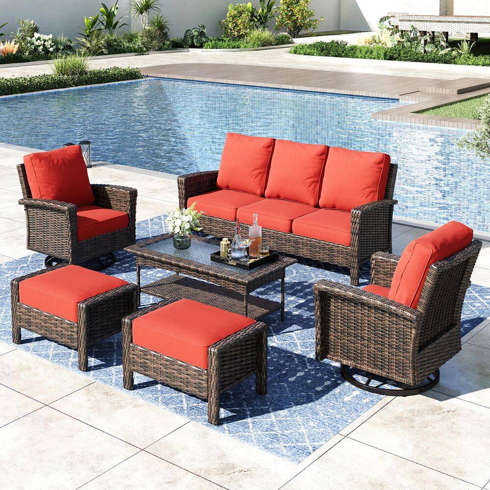Black 6-Pieces Metal Patio Conversation Sectional Seating Set with Swivel Sofa Chairs, Glass Top Table and Red Cushions price history on PriceWatchPro