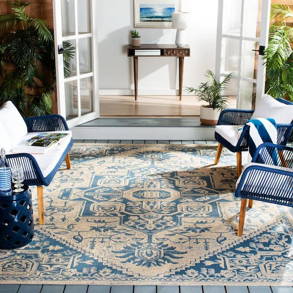 Beach House Blue/Cream 8 ft. x 10 ft. Geometric Indoor/Outdoor Patio  Area Rug