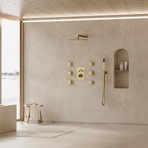 Thermostatic 7-Spray 12 in. Wall Mount Dual Shower Head and Handheld Shower in Brushed Gold (Valve Included)