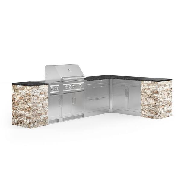 NewAge Products Signature Series Stainless Steel 11-Piece L Shape Outdoor Kitchen Cabinet Set with Natural Gas Platinum 33 in. Grill
