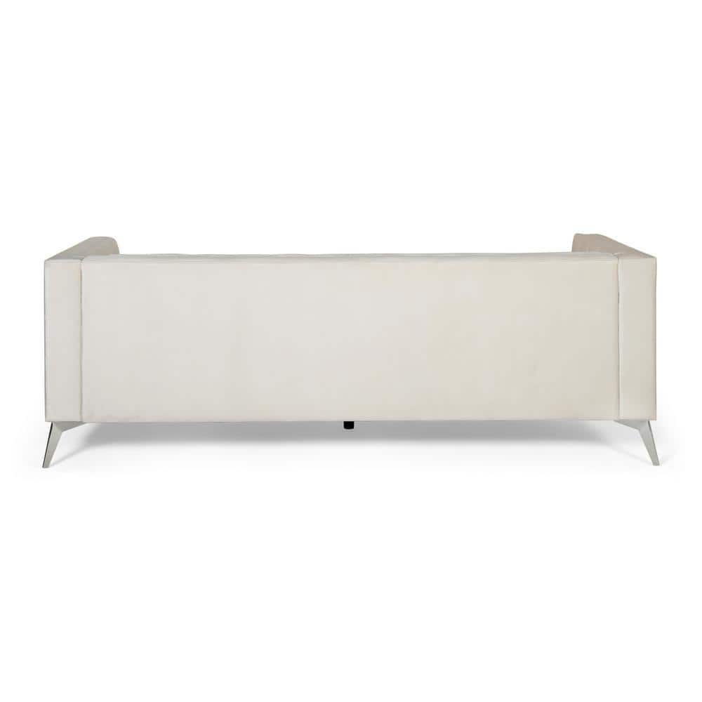 Beige Velvet Tufted Tuxedo 3-Seater Sofa with Wood Frame