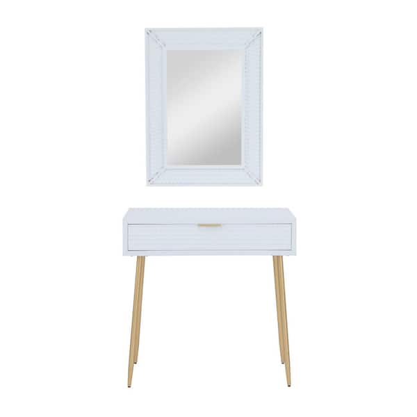 Litton Lane 31 in. White Extra Large Rectangle Wood Single Drawer Console Table with Mirror (2- Pieces)