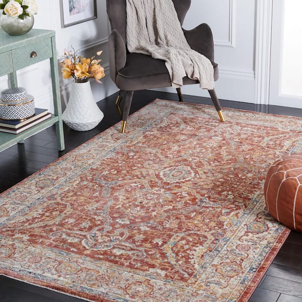 Valencia 6 ft. x 6 ft. Rust/Beige Distressed Border Ornate Square Area Rug