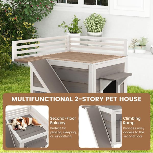 ANGELES HOME Outdoor White and Gray Wooden 2-Lever Cat House with