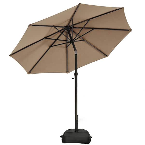 9 ft. Market Patio Umbrella with Base and Push Button Tilt in Tan