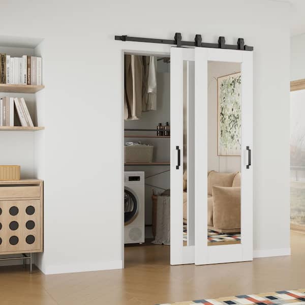 40 in. x 80 in. (Double 24 in.) 1-Lite Mirrored Glass White Primed MDF Sliding Barn Door with Hardware Kit Bypass