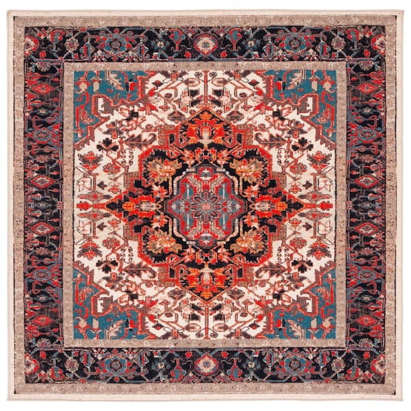 Riviera Ivory/Blue 7 ft. x 7 ft. Machine Washable Medallion Border Geometric Square Area Rug
