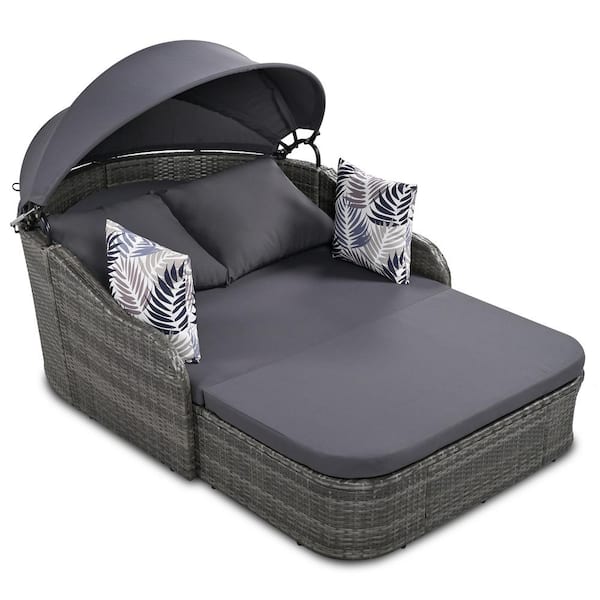Sudzendf Gray Wicker Outdoor Chaise Lounge Day Bed with Gray Cushions, Adjustable Canopy and 4 Pillows