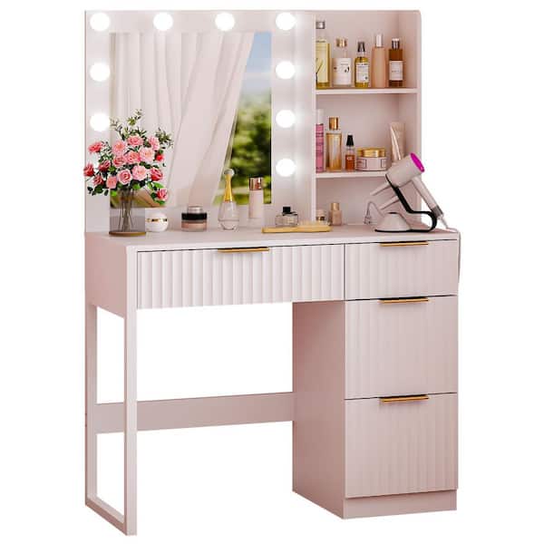 1-piece White Particle Board Makeup Vanity Table with 10 Three-color Dimmable Bulbs, 2 Drawers and 4-tier Shelves