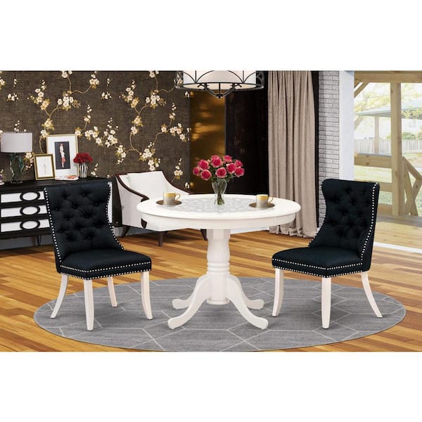 East West Furniture 3-Piece Linen White Finish Solid Wood Top - Round Upholstered Dining Room Set - Seats 4