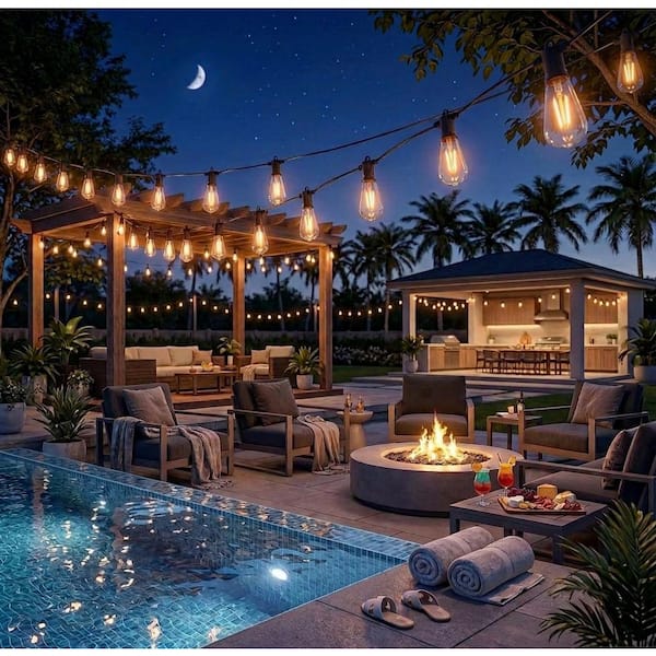 27-Light 50 ft. Indoor/Outdoor Plug-In LED Edison String-Light Shatterproof Waterproof for Porch Bistro Backyard