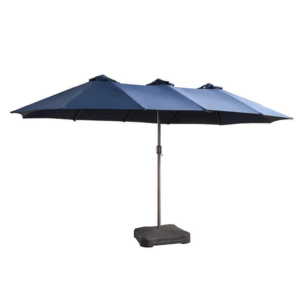 Extra-Large 8.5 x 14.5 ft. Rectangular Patio Umbrella with Solar Light, Steel Frame, Stand and Sand Bags in Dark Blue