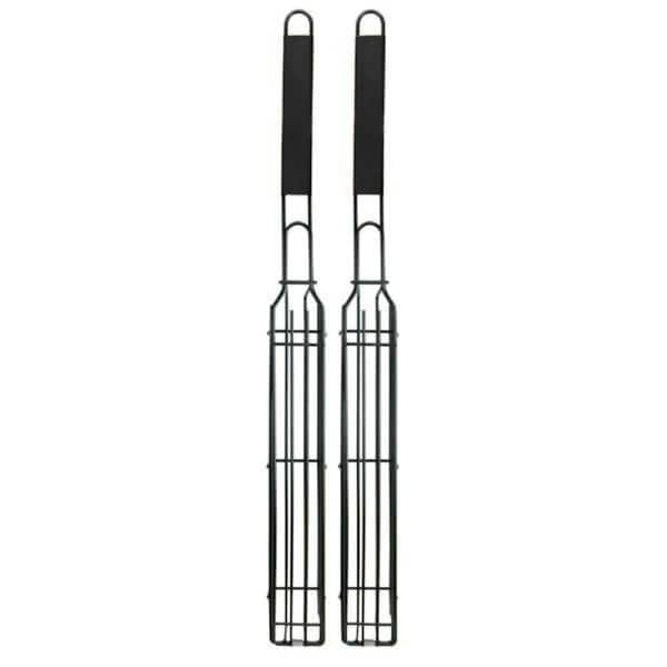 Carbon Steel Black Non-Stick Kabob Grill Basket with Hardwood Handle (Set of 4)