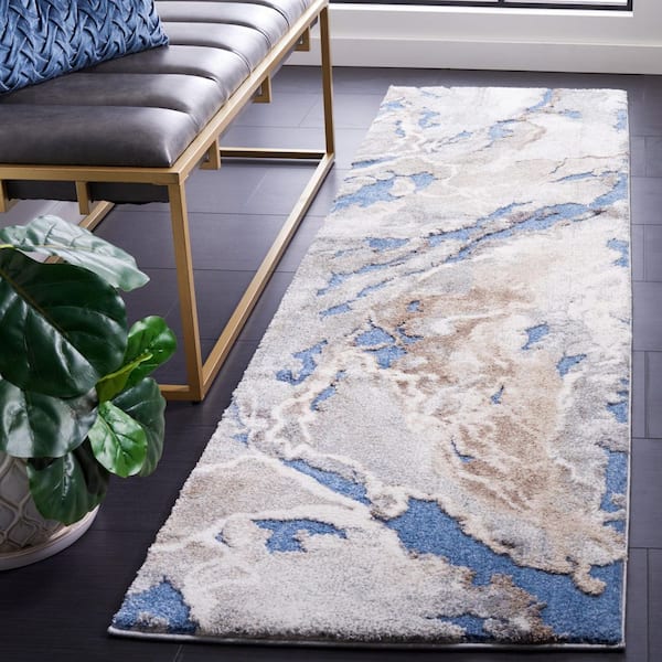 Cyrus Shag 2 ft. x 8 ft. Blue/Beige Marble Abstract Runner Rug