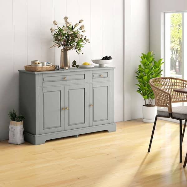 HOMCOM Sideboard Modern Kitchen Buffet Cabinet Gray MDF 45.25 in. Sideboard with 2-Drawers and Adjustable Shelves