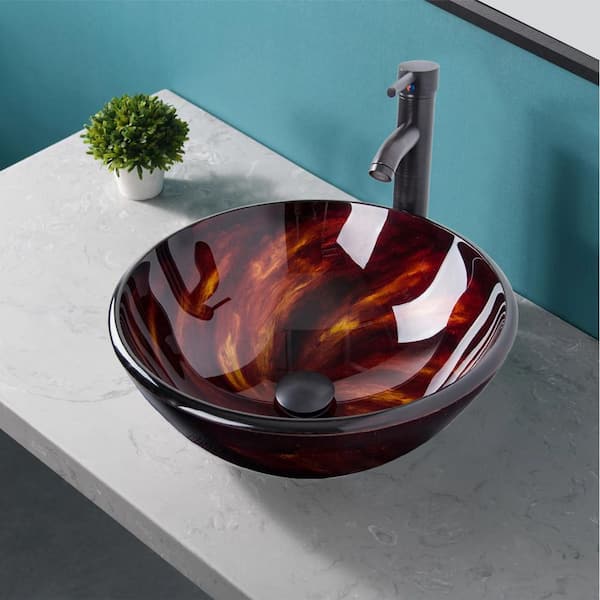 cadeninc Bathroom Artistic Glass Round Vessel Sink with Oil Rubbed Bronze Faucet and Pop-Up Drain Combo