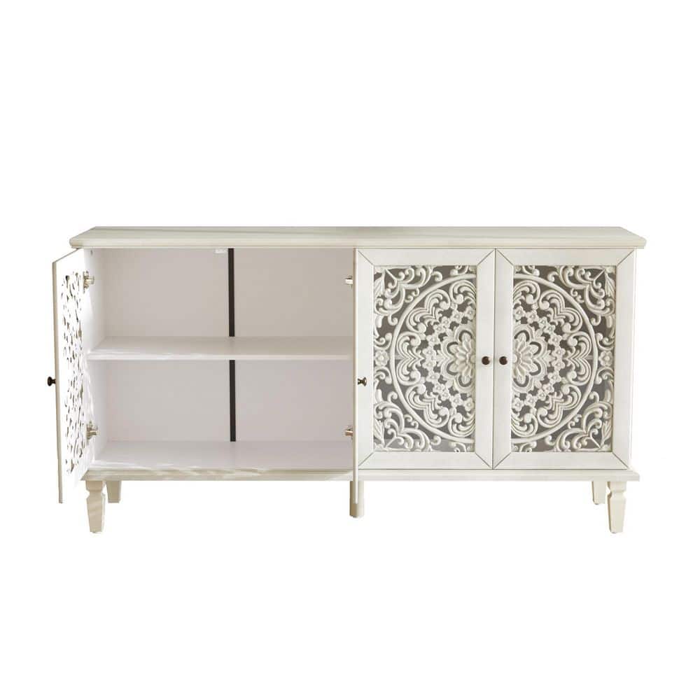 Antique White Brown Wood Pantry Organizer, Storage Buffet Cabinet with Storage, 4-Door and Adjustable Shelves
