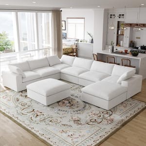 161 in. Large 8-Seat Corner Modular Linen Down Upholstered Free Combination Sectional Sofa with Ottomans, White