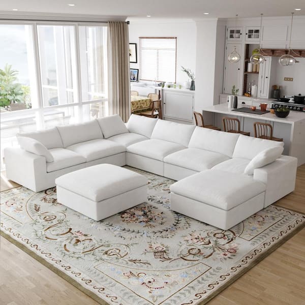 Magic Home 161 in. Large 8-Seat Corner Modular Linen Down Upholstered Free Combination Sectional Sofa with Ottomans, White
