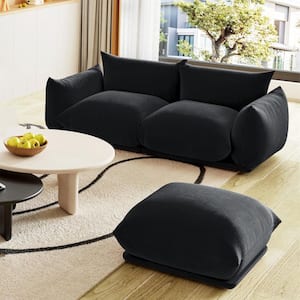 77.16 in. Luxury Wide 2 Seater Minimalist Sofa Couch Set Lovesofa Chenille Floor Level Sofa with Ottoman, Black