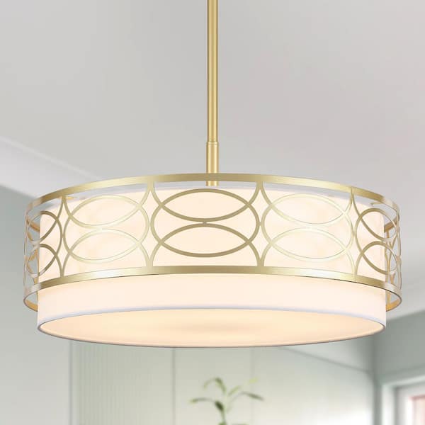 21.65 Inch 5-Light Gold Drum Chandelier Modern Farmhouse Pendant Light with Lace Cage Shade for Living Room