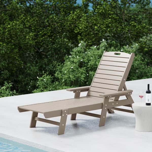 Harlo Weathered Wood HDPE All Weather Fade Proof Plastic Reclining Adjustable Back Outdoor Patio Chaise Lounge Armchair