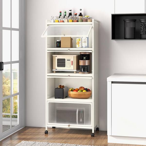 4-Shelf White Metal Pantry Organizer with Flip-up PC Doors