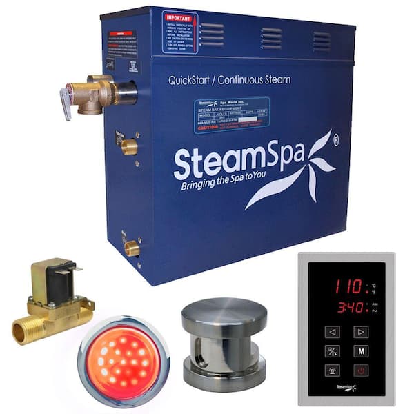 SteamSpa Indulgence Series 6kW Steam Bath Generator with Continuous Steam Plus Quick Start and Aroma Scent Pump in Brushed Nickel