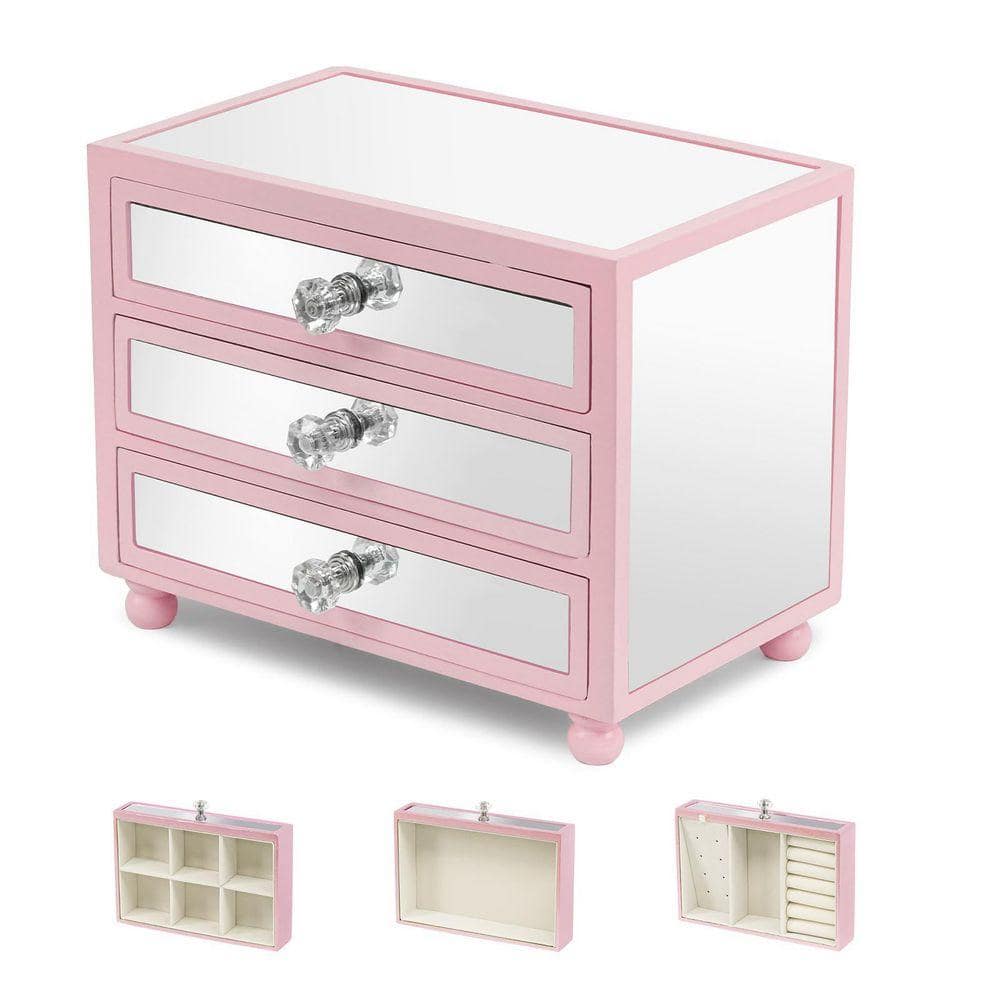 3-Tier Mirror Pink Jewelry Box Jewelry Organizer Glass with 3