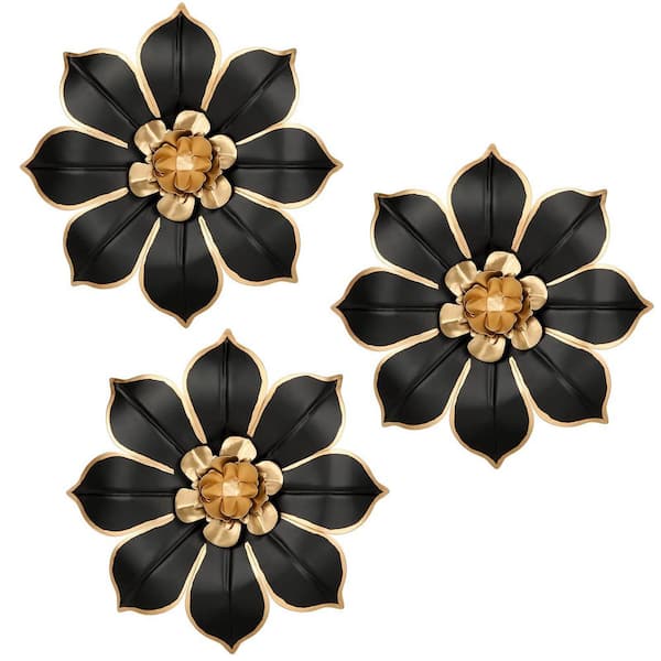 3-Pack Modern Floral Series 9.8 in. x 9.8 in. Black and Gold Floral Modern Accent Hanging Wall Decor Metal Work